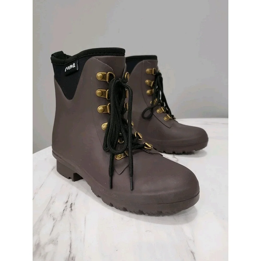 NEW NO BOX SIZE 5 Roma Women's Rain Boots Evol Matte BROWN SLIP ON GARDEN ANKLE